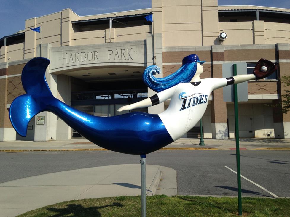 The mermaid statue in front of Harbor Park
